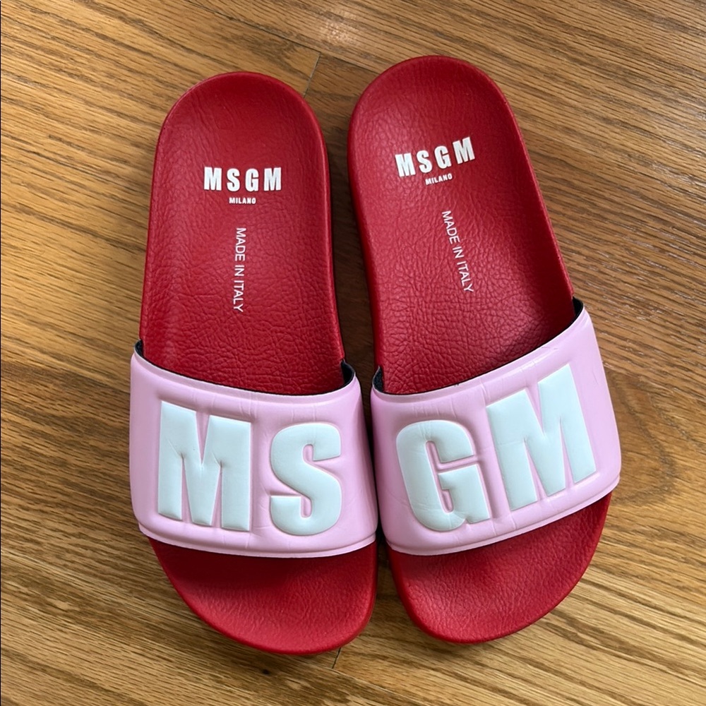 MSGM Red and Pink Logo Slide Sandals